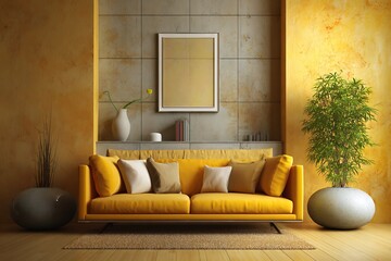 Contemporary room interior with decorative sofa and wall elements
