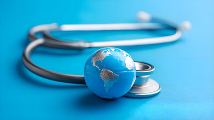 Stethoscope embracing globe symbolizing global healthcare on blue background
