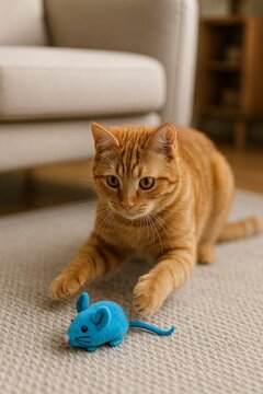 Playful ginger cat stalking blue toy mouse on carpet