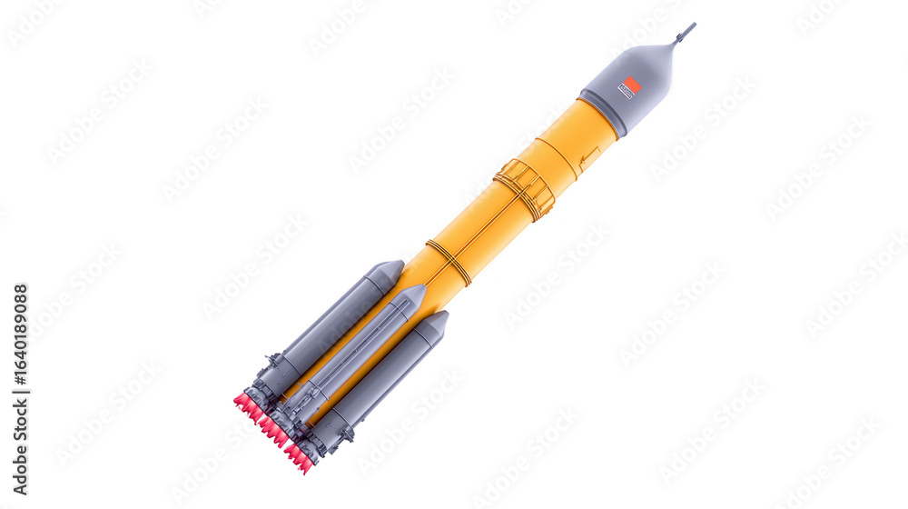 Poster detailed illustration of rocket featuring sleek design with yellow body and multiple engines base. r
