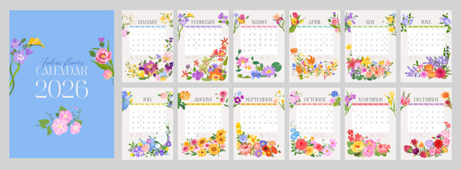 Cute Flower calendar for 2026. Vertical monthly with vector zodiac illustrations of colorful flowers and leaves. Page template A4, set of 12 months with cover. Week starts on Sunday