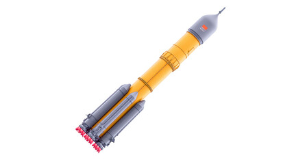 Detailed illustration of rocket featuring sleek design with yellow body and multiple engines base. rocket is positioned vertically, showcasing its aerodynamic shape and powerful propulsion system