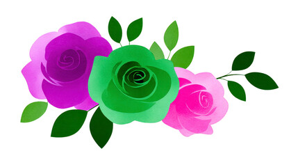 Beautiful floral arrangement featuring vibrant roses in shades of purple, green, and pink, surrounded by lush green leaves, creating fresh and lively atmosphere