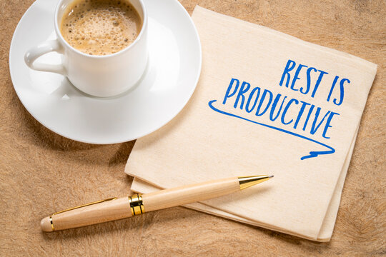rest is productive, inspirational note on napkin, self care concept