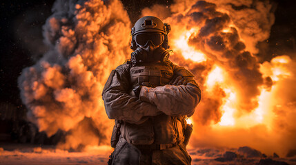 Soldier wearing gas mask stands with arms crossed in front of explosion