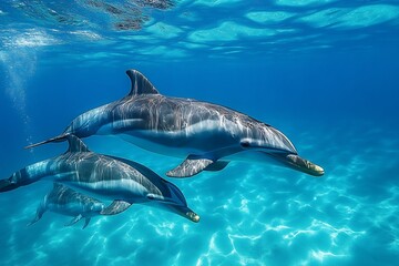 Naklejka premium Dolphins swimming underwater in clear blue ocean water wildlife photography sea life aquatic mammals marine life
