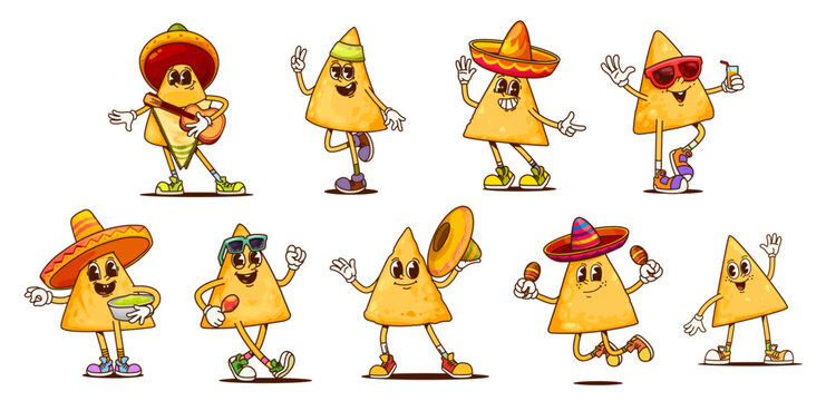 Groovy mexican nachos chips characters at Mexico fiesta party, vector corn tortilla food. Cartoon groovy hippie nacho chips with sombrero hats, guitar, avocado guacamole, maracas and sunglasses