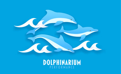 Paper cut banner with dolphins leap through ocean waves promoting a dolphinarium performance, marine shows, family fun or sea life event. 3d vector dolphin sea animals in a bright blue aquatic scene