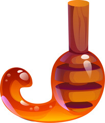 Honey font typeset, dipper letter J. Beekeeping harvest English alphabet font symbol, apiary farming vector letter. Sweet honey farm kids ABC type sign or honey bee agriculture typeset element