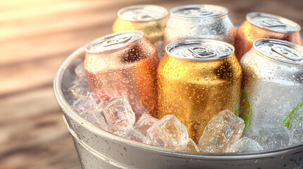 Canned Drinks in Ice Bucket with Condensation
