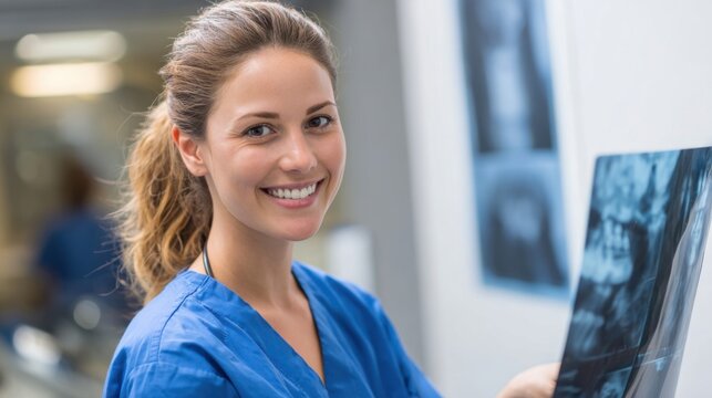 A healthcare worker in blue scrubs examines an x-ray, showcasing a friendly smile in a well-lit medical facility, filled with equipment and posters on the walls.