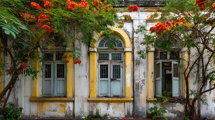 Fototapeta premium Blooming flamboyant tree partially covering old colonial building facade