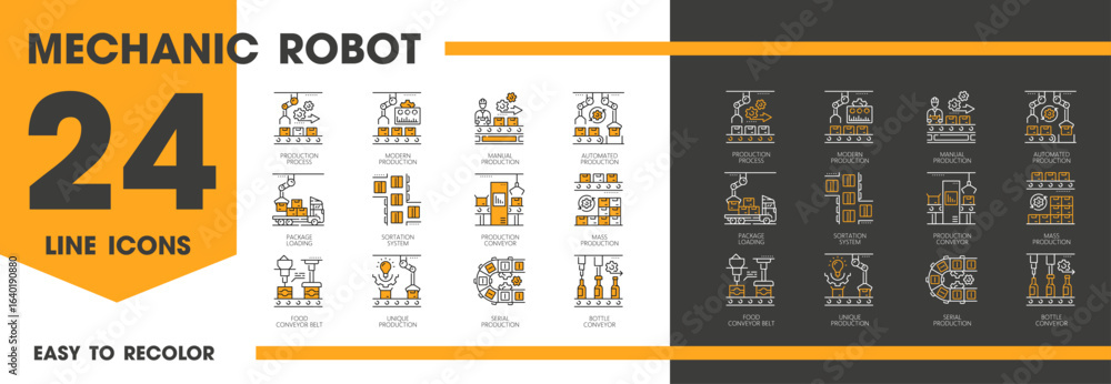 Poster mechanic robot manufacture line icons, automatic and manual production. outline vector set of factor