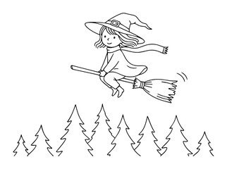 cute young witch flying on broom over forest line art