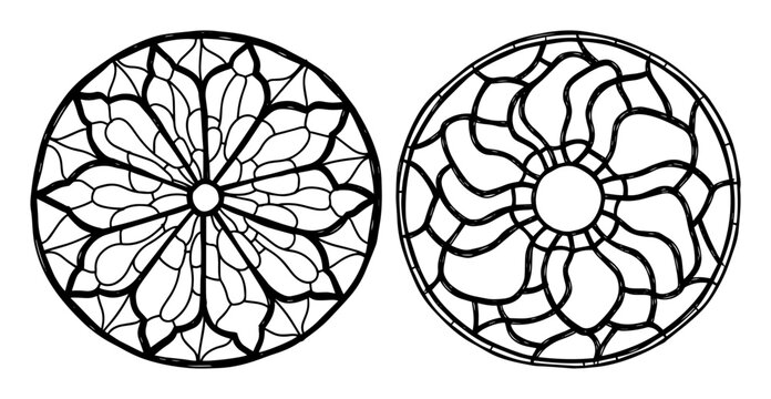 round stained glass rose window mandala set line art