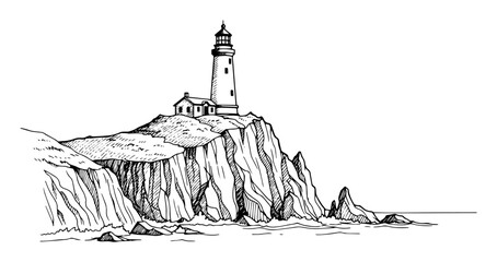 lighthouse on a rocky cliff sketch vector illustration © Aisha Kudorova