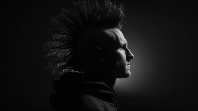 A person poses confidently in profile, highlighting an impressive mohawk hairstyle against a dark background. The dramatic lighting emphasizes the unique features and attitude.