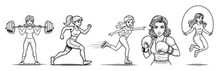 fitness women action workout poses illustration set