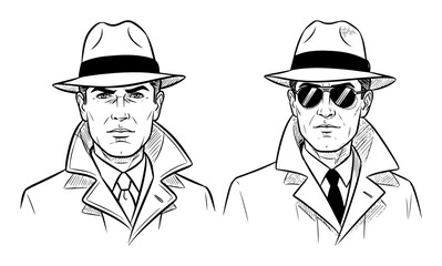 noir detective in fedora and trench coat vector character