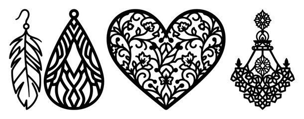 earring templates set for laser cutting jewelry design vector black illustration shape for laser cutting and engraving