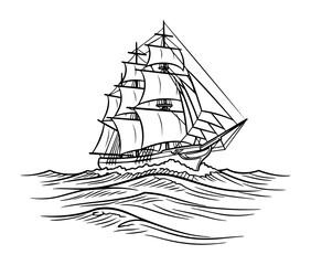 classic sailing ship on waves line drawing