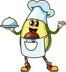 Cartoon cheerful groovy avocado chef in toque hat with dish, vector vegetable character. Retro cartoon groovy avocado character in apron with forks and spoons as restaurant chef or cooking emoji