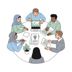 Diverse team collaborating on global environmental project, reviewing plans and data, fostering sustainability solutions, ideal for corporate responsibility reports