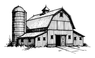 rustic wooden barn with silo farm building vector illustration © Aisha Kudorova