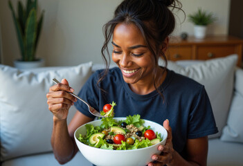 Smiling woman eating fresh salad