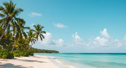 Idyllic tropical beach scene showcasing palm trees, white sand, and turquoise water