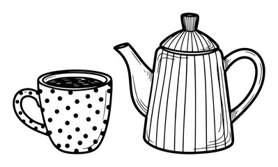 teapot and mug cozy kitchen drink sketch vector black illustration shape for laser cutting and engraving