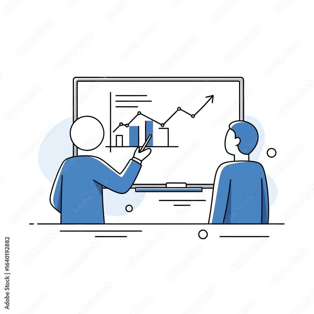 Aufkleber dynamic presentation of business growth data, two professionals collaborating on strategy, modern bu