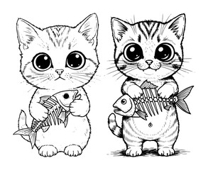cute kittens holding fish bones cartoon vector characters