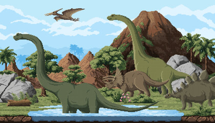 8bit pixel art game with prehistoric dinosaurs in Jurassic jungle landscape, vector background. Prehistoric dinosaurs, lizards and reptiles with volcano and lake in cartoon 8 bit pixel landscape © Vector Tradition