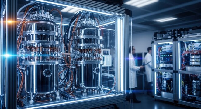 Advanced quantum computing setup showing the secure housing of quantum annealers within cryogenic dilution refrigerators for noise reduction.
