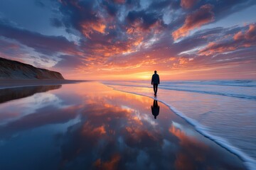 Solitary Figure Walking Coastal Beach Sunset Sky Reflection