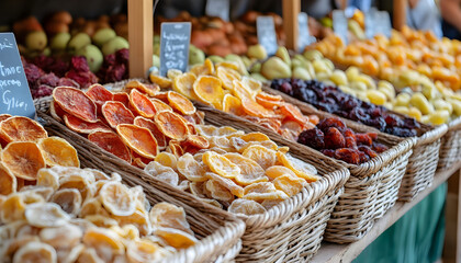 Fototapeta premium Deliciously dried fruit slices displayed in a woven basket at a market stand in autumn season
