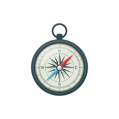 Vintage brass compass with red and blue needle on white background