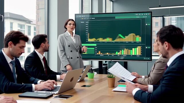 Business team analyzing financial data dashboard with charts and graphs during corporate meeting. Professional executives collaborating on strategy planning, performance metrics review in modern - Powered by Adobe