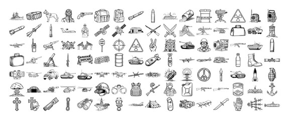 war and military hand drawn sketch icon set