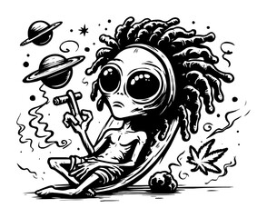 stoned alien with dreadlocks smoking joint