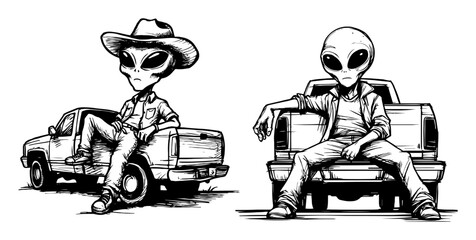 aliens sitting on pickup truck in cowboy hats © Aisha Kudorova
