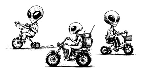 aliens riding small bikes in sketch style © Aisha Kudorova
