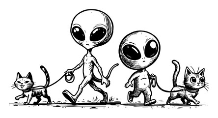 cute aliens walking cats in sketch style © Aisha Kudorova