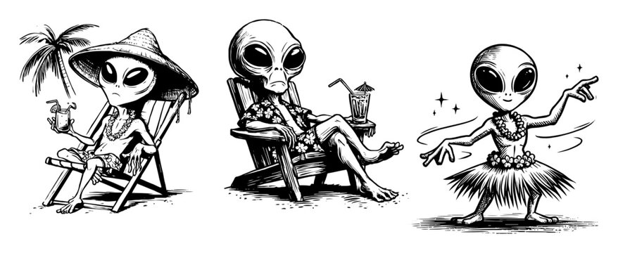 funny aliens on tropical beach vacation