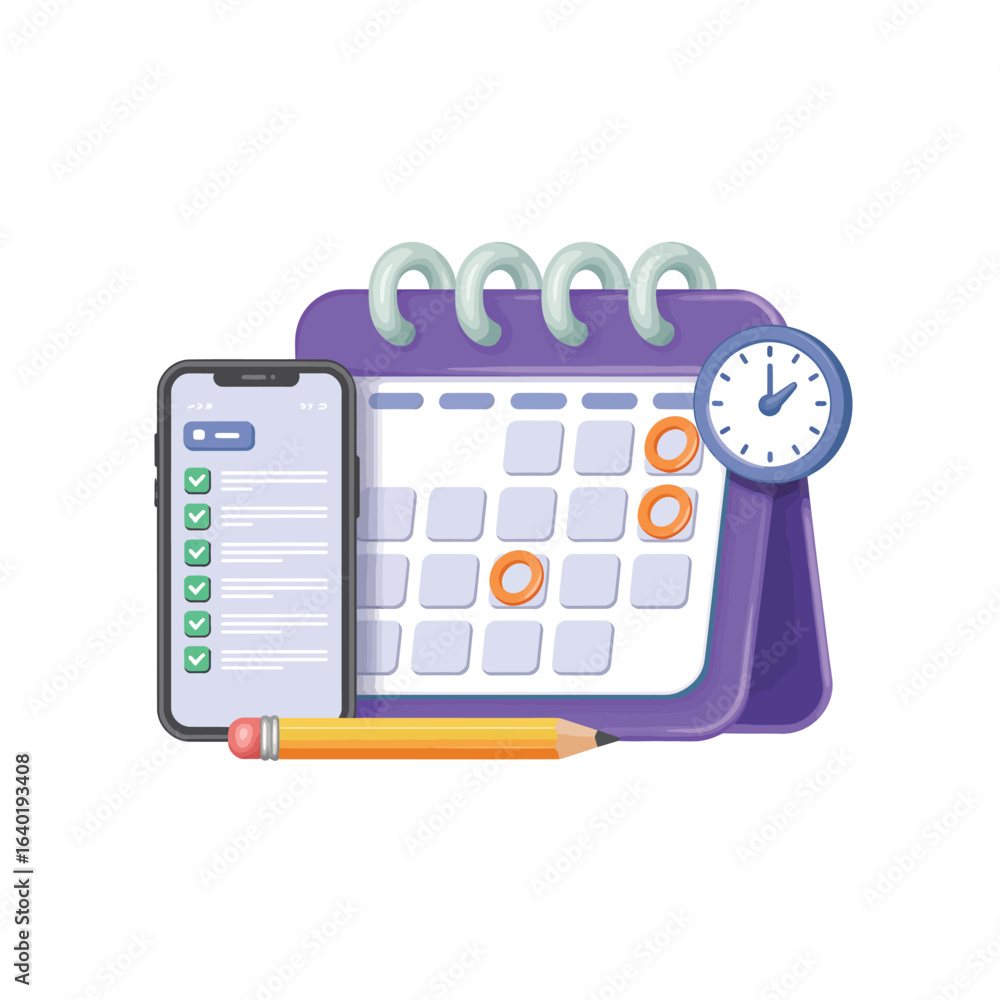 Poster Smartphone and calendar with pencil and clock representing planning and scheduling