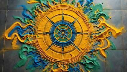 Obraz premium Overhead View of Disrupted Colored Sand Mandala in Vibrant Pigments