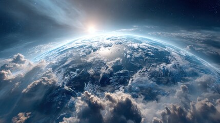 Naklejka premium A breathtaking view of Earth taken from space showcases the planet's vibrant blues and whites with clouds reflecting sunlight at twilight. The vastness of space surrounds this beautiful sight.