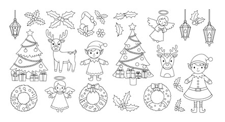 cute christmas doodles for coloring vector icon set