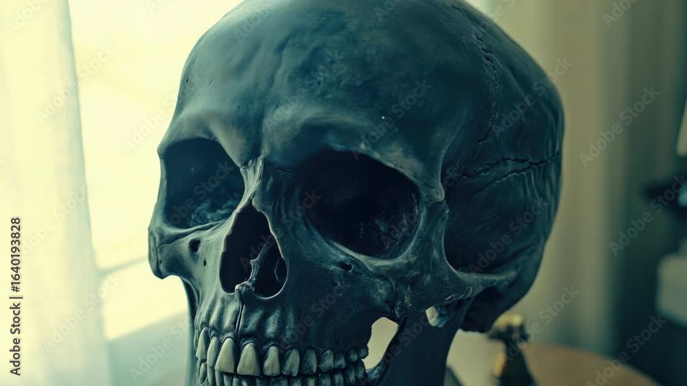 Aufkleber a skull sits on a table beside a window, perfect for adding a touch of macabre to your scene or stor
